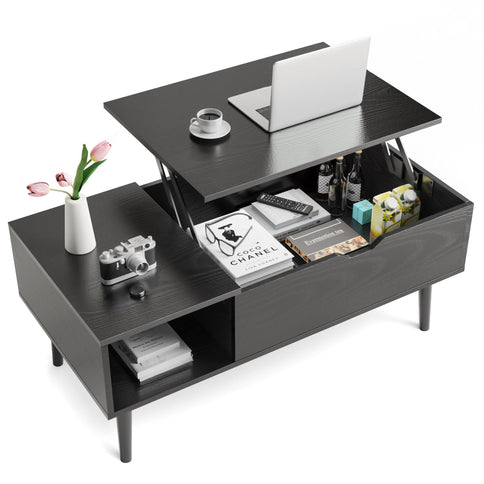 Modern adjustable height coffee table with a lift-top surface, storage compartments, and stylish black finish