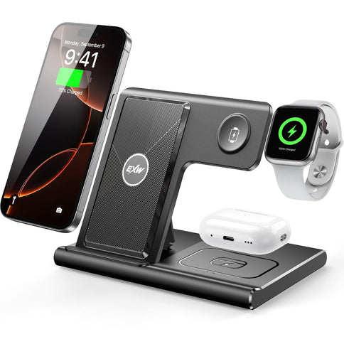 3 in 1 wireless charging station featuring a sleek design, fast charging capability for phone, earbuds, and smartwatch.