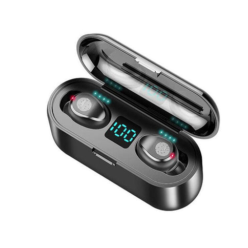 Wireless waterproof Bluetooth headphones in a charging case with LED display, perfect for sports and outdoor use