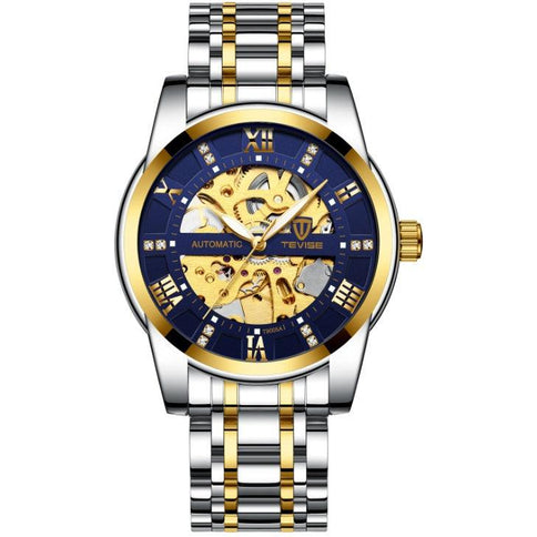 Tevise men's automatic watch with gold accents featuring a skeleton dial, stainless steel bracelet, and striking blue and gold design