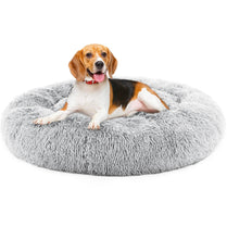 Cozy 24 inch plush faux fur cat bed in soft gray, designed for pets up to 25 lbs, featuring an anti-slip base for stability