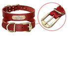 Personalized dog collars with nameplate in burgundy leather, featuring a stylish gold buckle and a nameplate ID tag for medium to large dogs.