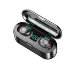 Waterproof Bluetooth headphones in charging case featuring LED display, perfect for sports and outdoor activities