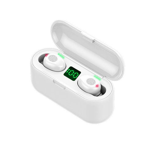 Waterproof Bluetooth headphones in a compact charging case with digital display, perfect for sports activities