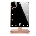 Touch screen makeup mirror featuring 20 LED lights and a Bluetooth music speaker, ideal for beauty routines.