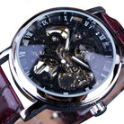 Intricate mechanical design of automatic watches for men with a silver case and burgundy leather strap