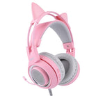 Pink G951 USB gaming headset with cat ear design, featuring virtual surround sound and LED lights for immersive gaming.