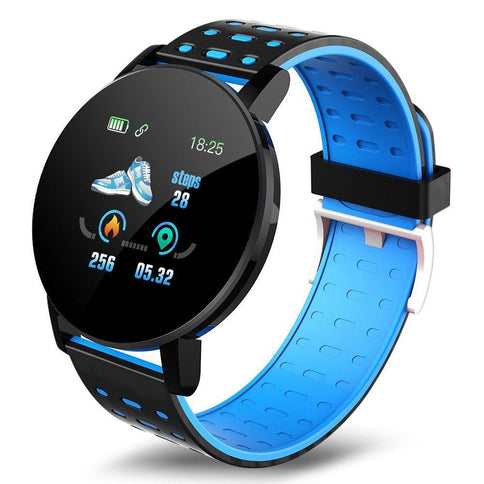 Water-resistant Bluetooth smart watch with a sleek black and blue design, displaying time, steps, and fitness metrics