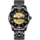 Tevise men's automatic watch with gold accents featuring a skeleton design and black stainless steel bracelet for a stylish look.