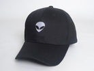 Black baseball cap featuring an embroidered alien head design on the front, stylish and trendy for casual wear