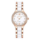 Elegant female wrist watches with a white and rose gold design, featuring sparkling crystals and a quartz movement