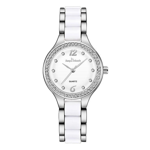 Luxury quartz watch for women with white ceramic and silver accents, featuring sparkling gemstones, ideal for elegant female wrist watches