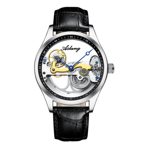 Creative automatic mechanical watch with a transparent hollow dial and black silicone band, blending style and functionality