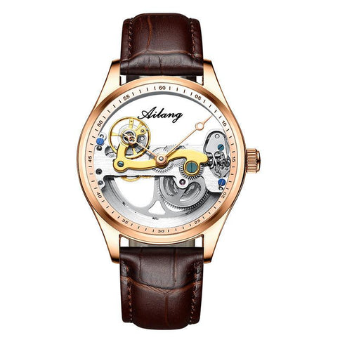 Creative hollow automatic mechanical watch with a brown leather band, showcasing a detailed inner mechanism and elegant design, perfect for men