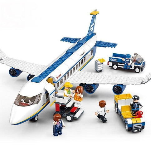 Children's interactive airplane toy featuring a detailed airplane, passengers, and service vehicles for imaginative play