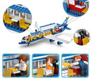 Colorful children's interactive airplane toy with detailed cabin features, including seats, food service, and pilot controls