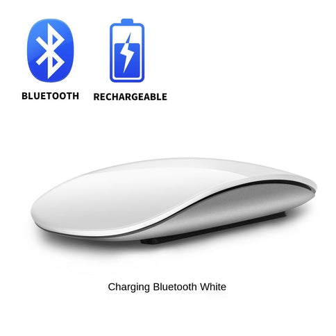 Sleek white wireless silent Bluetooth mouse with a rechargeable battery icon and Bluetooth logo, perfect for quiet work environments.