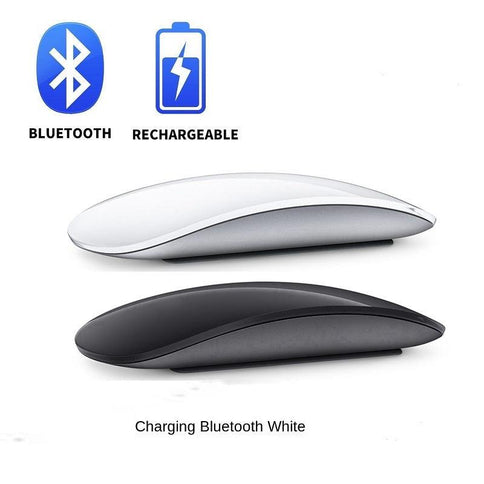 Wireless silent Bluetooth mouse in sleek black and white design with rechargeable feature for quiet operation