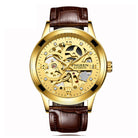 Luxury mechanical watch with a luminous design and waterproof steel band, featuring a golden case and intricate dial