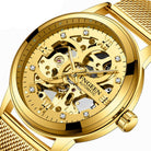 Luxury luminous waterproof steel band watch with a gold skeleton dial and elegant design for sophisticated style