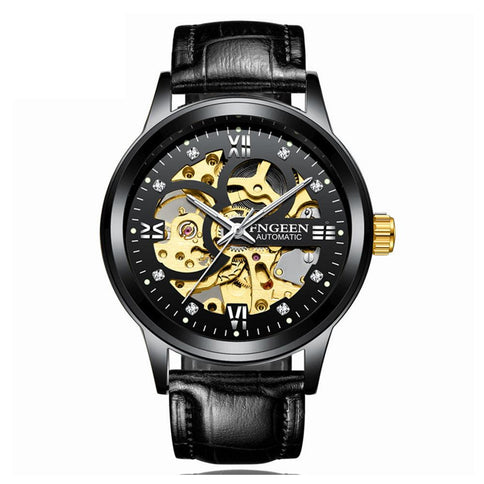 Stylish mechanical watch with luminous features, waterproof steel band, and a striking gold and black design from Highfre