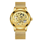 Luxury luminous mechanical watch with a gold steel band, featuring an intricate skeleton design and waterproof capabilities