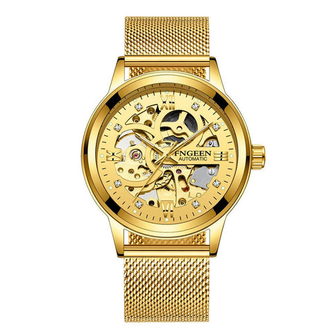 Luxury luminous mechanical watch with a gold steel band, featuring an intricate skeleton design and waterproof capabilities