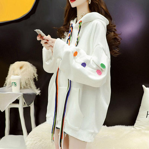 Korean style white stitching button blouse with colorful buttons and drawstring hood for a trendy women's jacket