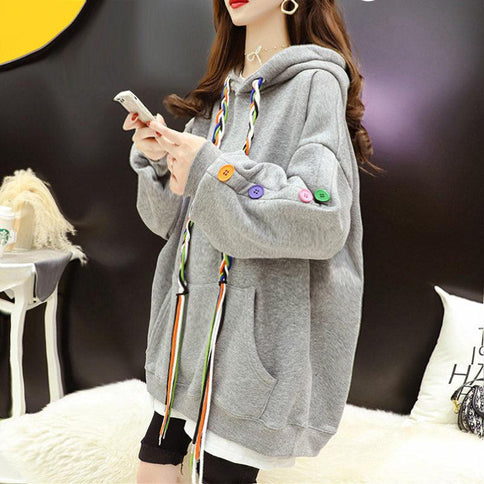 Casual Korean style stitching button blouse women's jacket with colorful drawstring and buttons, perfect for relaxed outfits