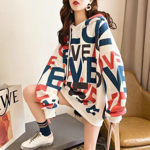 Korean style stitching button blouse, featuring a vibrant oversized design with colorful lettering and a comfy drawstring hood