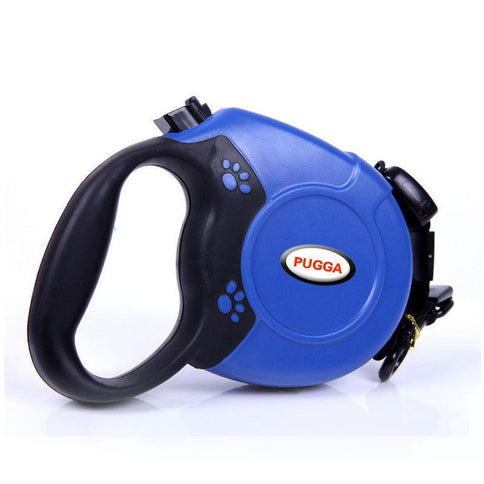 Blue retractable dog leash with ergonomic handle and one-button locking mechanism for easy control while walking dogs