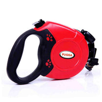 Bright red retractable dog leash with a comfortable grip and paw print design, perfect for walking dogs of all sizes