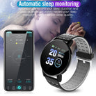 Water-resistant Bluetooth smart watch with automatic sleep monitoring features, displayed next to a smartphone app showing sleep data