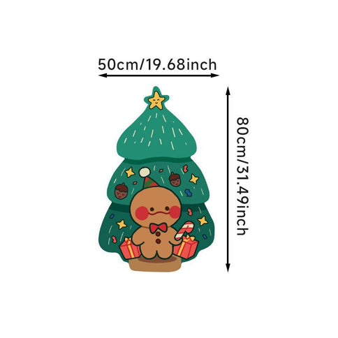 Festive Christmas gingerbread man carpet designed as a charming gingerbread character with a Christmas tree backdrop and holiday gifts.