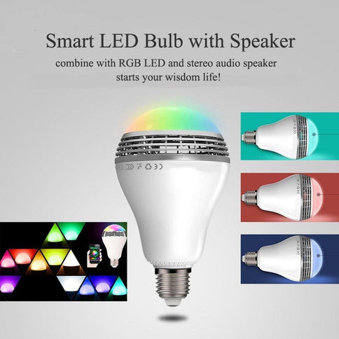 LED smart Bluetooth speaker bulb combining RGB lighting and stereo audio for an enhanced home experience