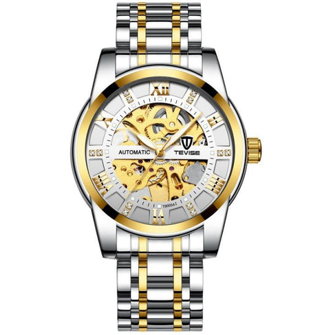 Tevise Men's Automatic Watch with gold accents featuring a skeleton dial and silver stainless steel band for elegant style