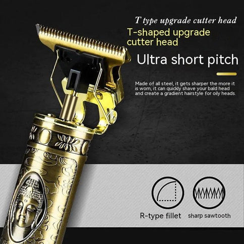 Gold dragon phoenix hair clippers featuring a T-shaped metal cutter head with Buddha design for precise hair cutting