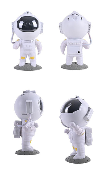 Galaxy star projector designed as an astronaut lamp, showcasing a cute white astronaut figure with a large helmet and starry light projection.