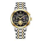 Luminous multifunctional men's watch featuring a moon phase display, gold and silver stainless steel band, and elegant black dial