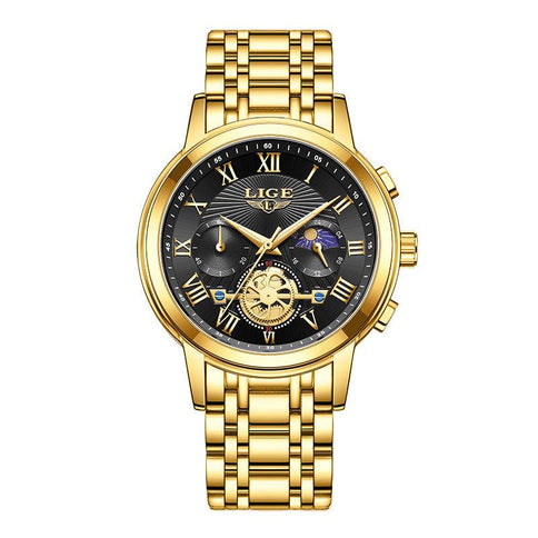 Elegant luminous multifunctional men's watch in gold with moon phase display and detailed black dial design