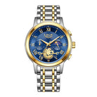 Luminous multifunctional men's watch with a blue dial, moon phase display, and a classic gold and silver band