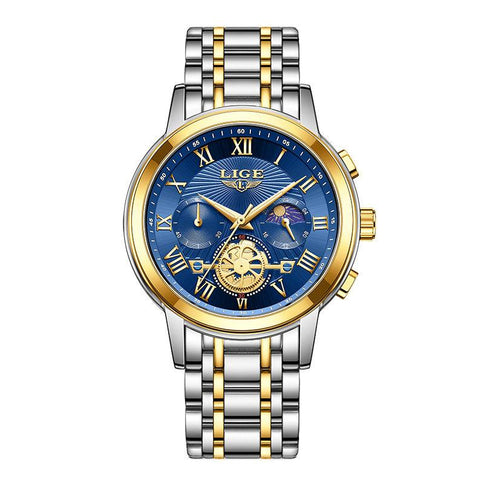 Luminous multifunctional men's watch with a blue dial, moon phase display, and a classic gold and silver band