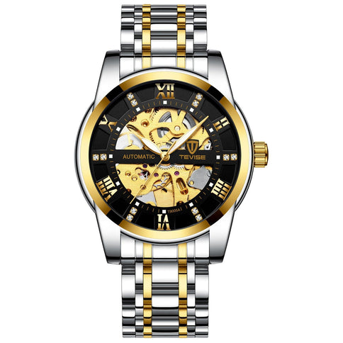 Tevise men's automatic watch with gold accents featuring a stylish design, skeleton dial, and stainless steel band