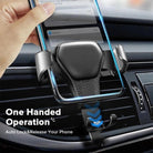 Universal gravity phone mount designed for car air vents, featuring one-handed operation and sleek metallic finish for stability