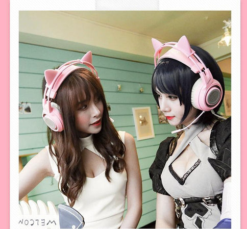 Pink USB gaming headset with cat ears, featuring virtual surround sound for immersive gaming experience