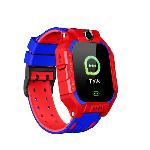 Colorful children's smart watch in red and blue with a touch screen and a talk feature, designed for kids' safety and fun