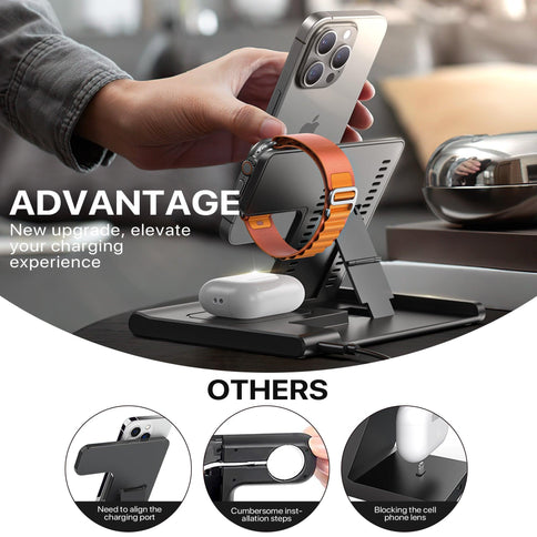 3 in 1 wireless charging station featuring a sleek design, fast 15W charging stand for smartphones, smartwatches, and earbuds.