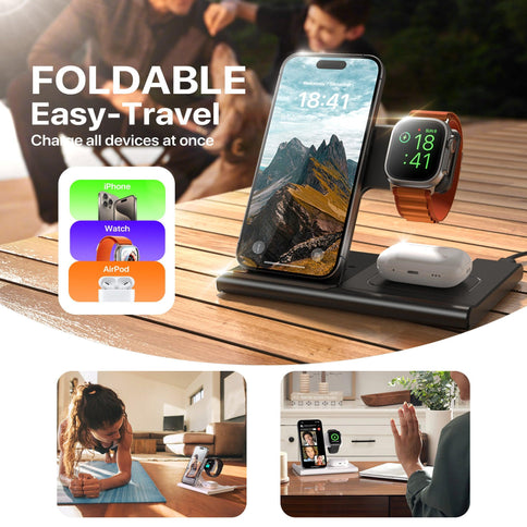 Foldable 3 in 1 wireless charging station for phone, watch, and AirPods, featuring 15W fast charging and easy travel design