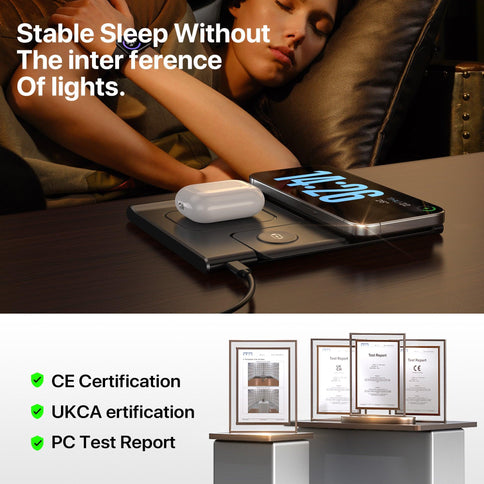 3 in 1 wireless charging station featuring a sleek design, fast charging capabilities, and compatibility with multiple devices, ideal for bedside use