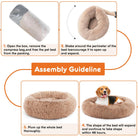 24 inch plush faux fur cat bed with anti-slip bottom, perfect for pets up to 25 lbs, shown in assembly steps